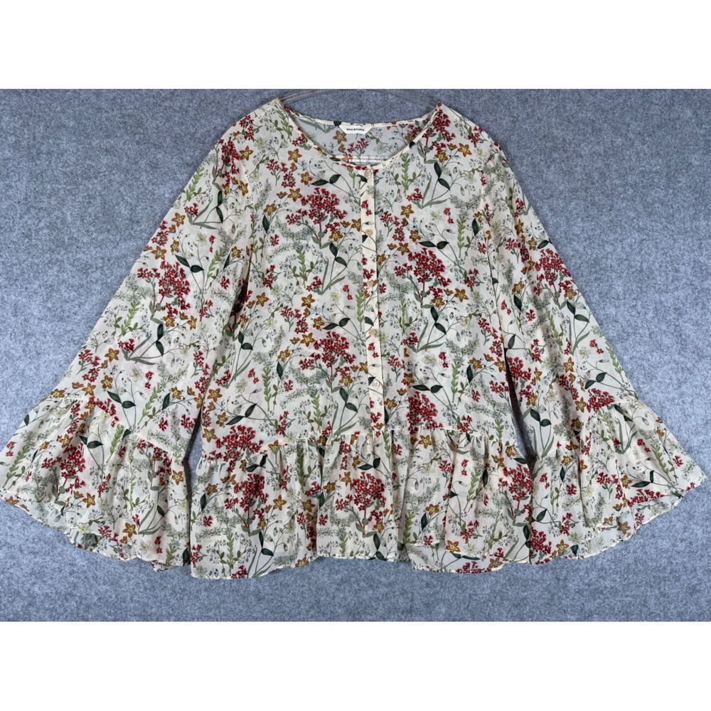 Max Studio Floral Blouse Women Medium Cream Excellent Ruffle Bell Sleeve Peplum